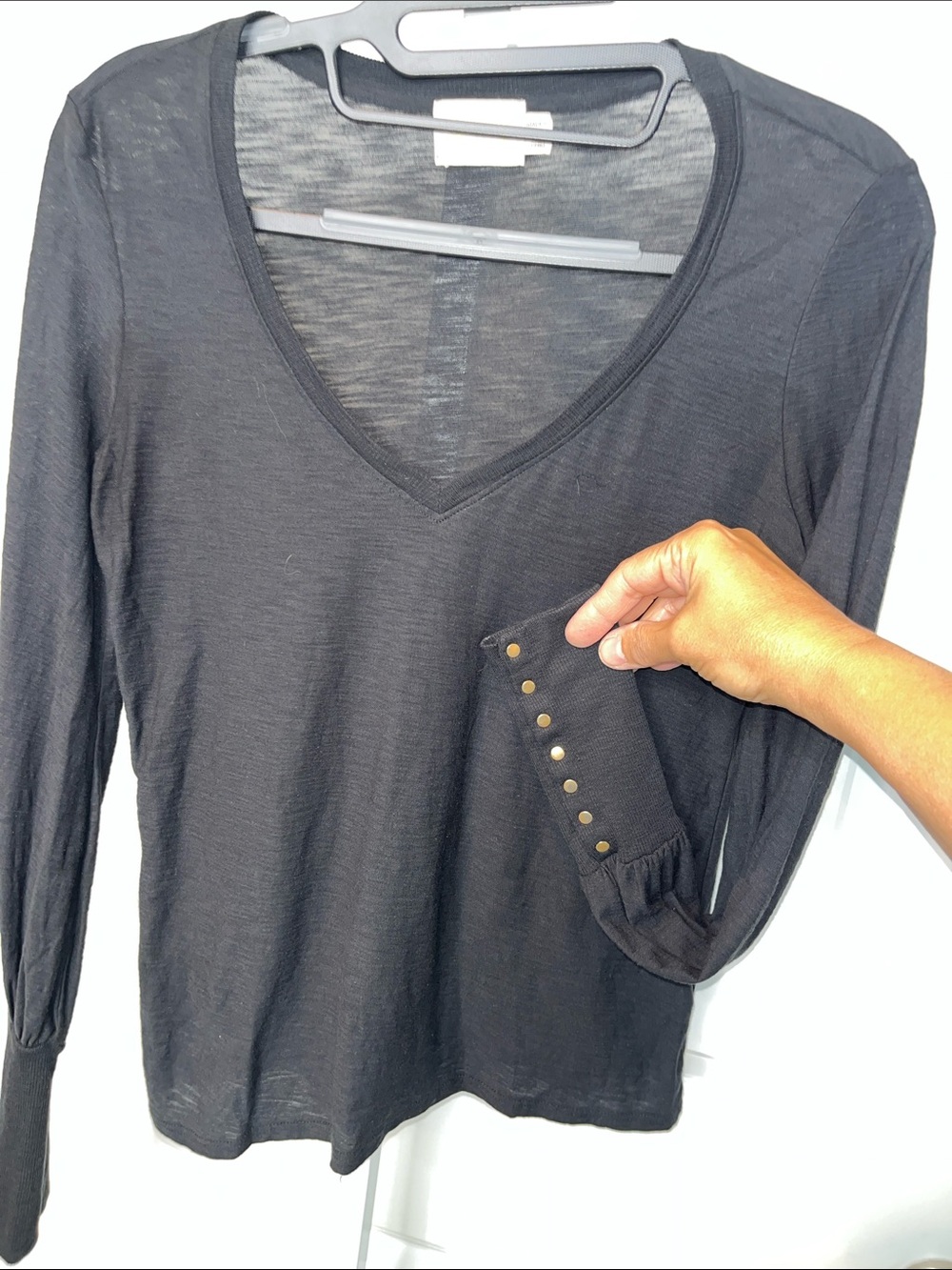 Nation LTD Black V-Neck Long Sleeve Tee with Stud Detail XS